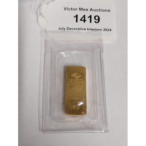 1419 - 20 Gram Degussa 999.9 Proof Gold Bar.    - NOT ON SITE FOR VIEWING