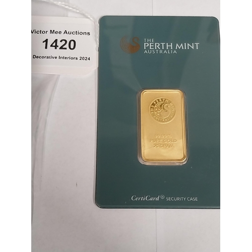 1420 - 20 gram Perth Mint Gold Bar Serial No 001690,  in original packaging.  - NOT ON SITE FOR VIEWING