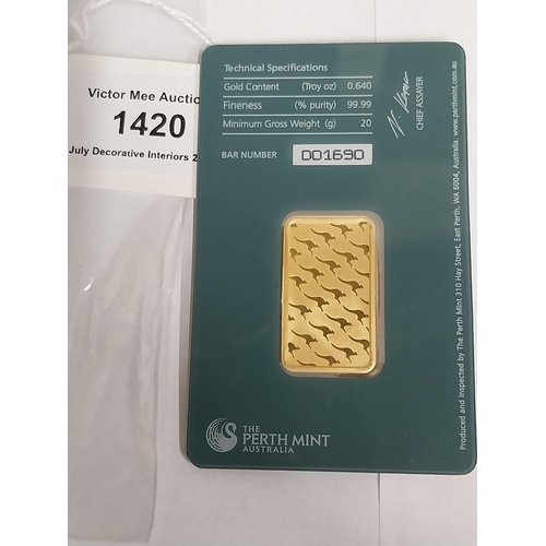 1420 - 20 gram Perth Mint Gold Bar Serial No 001690,  in original packaging.  - NOT ON SITE FOR VIEWING