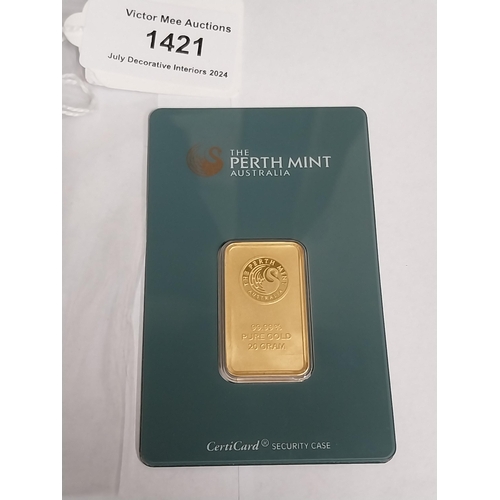 1421 - 20 gram Perth Mint Gold Bar Serial No 001691,  in original packaging.  - NOT ON SITE FOR VIEWING