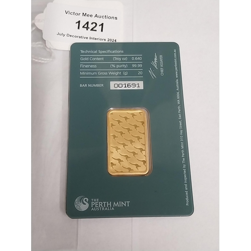 1421 - 20 gram Perth Mint Gold Bar Serial No 001691,  in original packaging.  - NOT ON SITE FOR VIEWING