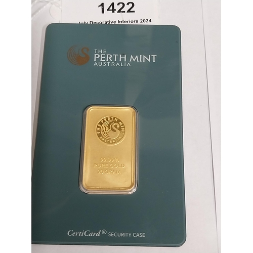 1422 - 20 gram Perth Mint Gold Bar Serial No 001692,  in original packaging.  - NOT ON SITE FOR VIEWING