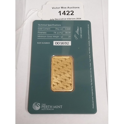 1422 - 20 gram Perth Mint Gold Bar Serial No 001692,  in original packaging.  - NOT ON SITE FOR VIEWING