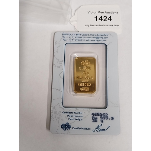 1424 - 20 gram PAMP Suisse Minted Fine Gold Bar,  Serial No 465062, in original packaging.  - NOT ON SITE F... 