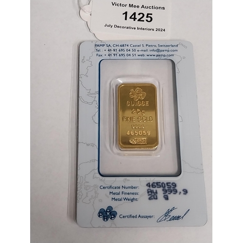 1425 - 20 gram PAMP Suisse Minted Fine Gold Bar,  Serial No 465059, in original packaging.  - NOT ON SITE F... 