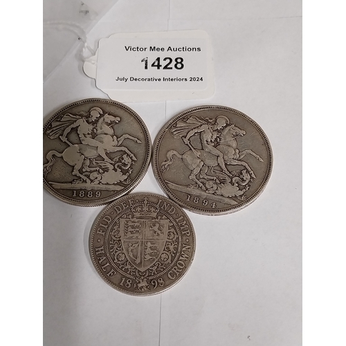 1428 - Two English silver crowns  - 1889 & 1894,  English silver half crown 1898