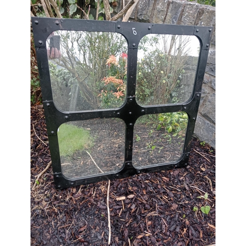 1110 - Heavy metal window with four mirrored panels {H 77cm  x W 77cm X D 3cm }. NOT AVAILABLE TO VIEW IN P... 