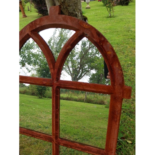 1112 - Good quality cast iron garden mirror {68 cm H x 45 cm W}.