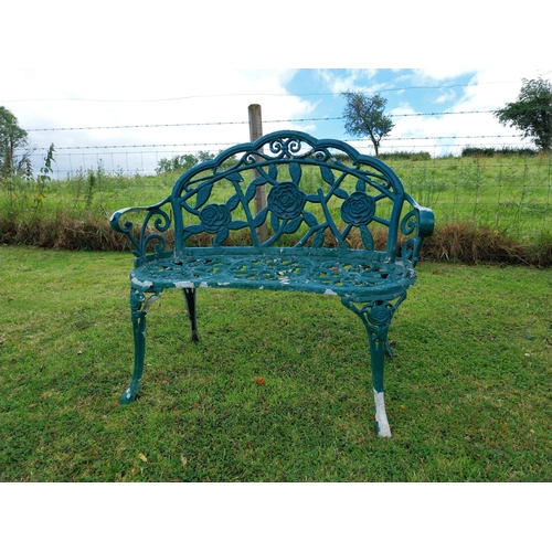 1153 - Cast aluminium garden table and two seater bench {70 cm H x 80 cm Dia. AND 86 cm H x 104 cm W x 56 c... 