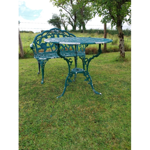 1153 - Cast aluminium garden table and two seater bench {70 cm H x 80 cm Dia. AND 86 cm H x 104 cm W x 56 c... 