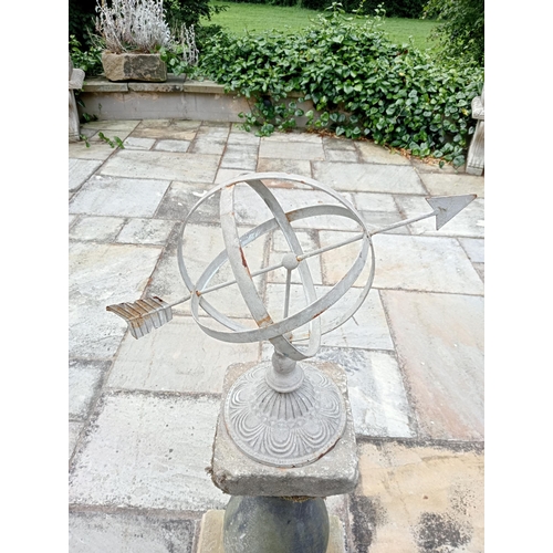 1313 - Galvanised metal armorial sundial raised on Yorkshire stone pedestal NOT AVAILABLE TO VIEW IN PERSON