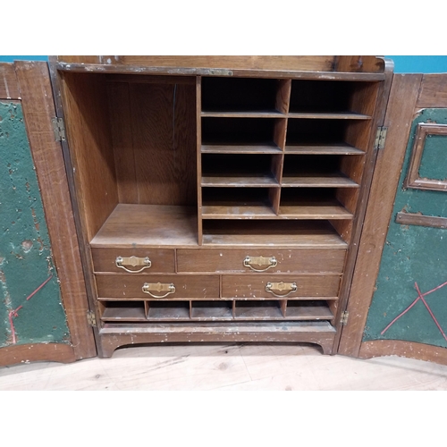 356 - Edwardian oak wall hanging office cabinet with fitted interior. {73 cm H x 58 cm W  x 29 cm D}