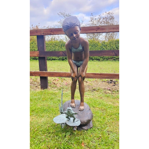 1325 - Excellent quality bronze Girl with frog water feature {99 cm H x 34 cm W x 56 cm D}.