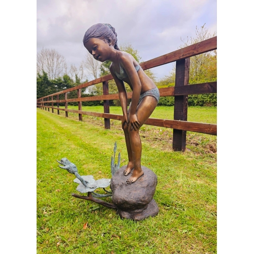 1325 - Excellent quality bronze Girl with frog water feature {99 cm H x 34 cm W x 56 cm D}.