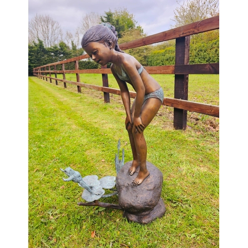 1325 - Excellent quality bronze Girl with frog water feature {99 cm H x 34 cm W x 56 cm D}.