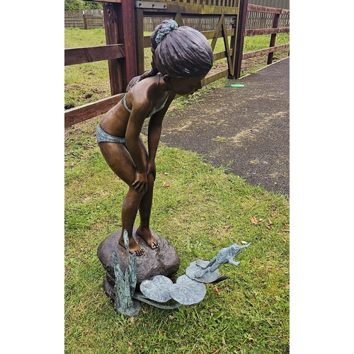 1325 - Excellent quality bronze Girl with frog water feature {99 cm H x 34 cm W x 56 cm D}.