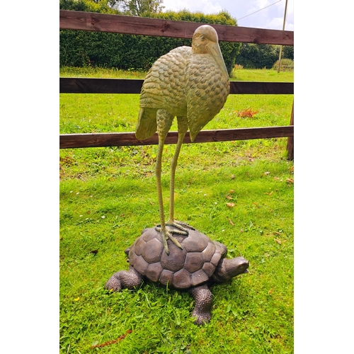 1327 - Good quality bronze sculpture of a Heron mounted on a Tortoise {104 cm H x 50 cm W x 66 cm D}.