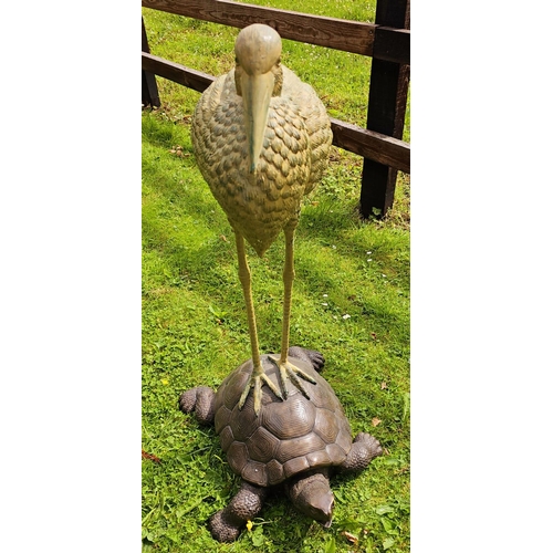 1327 - Good quality bronze sculpture of a Heron mounted on a Tortoise {104 cm H x 50 cm W x 66 cm D}.