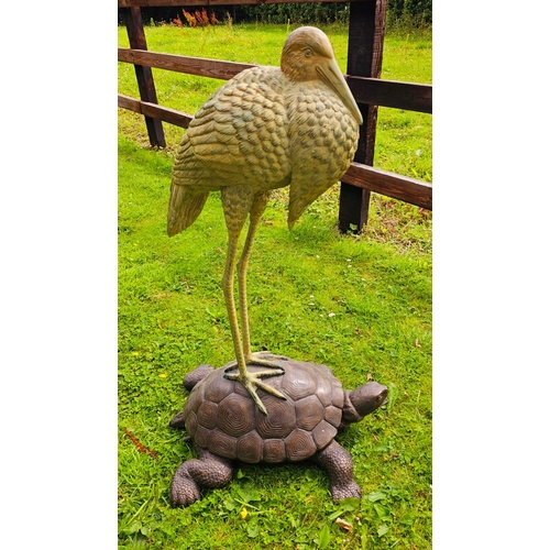 1327 - Good quality bronze sculpture of a Heron mounted on a Tortoise {104 cm H x 50 cm W x 66 cm D}.