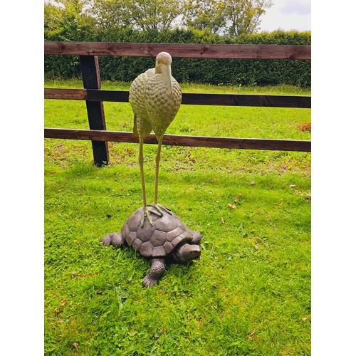 1327 - Good quality bronze sculpture of a Heron mounted on a Tortoise {104 cm H x 50 cm W x 66 cm D}.