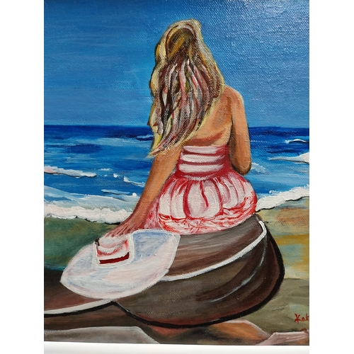 337 - Framed acrylic on board - Girl at Seaside signed Kate. {45 cm H x 40 cm W}.