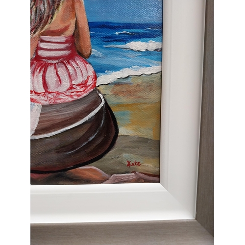 337 - Framed acrylic on board - Girl at Seaside signed Kate. {45 cm H x 40 cm W}.