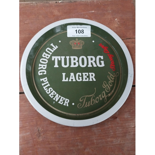 108 - Tuborg Lager tin  plate drinks tray. {27 cm Dia}.