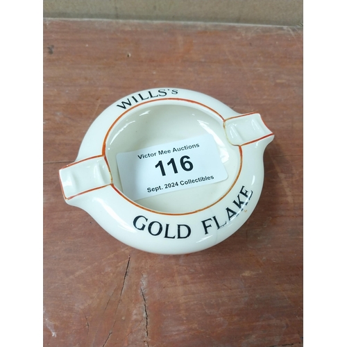 116 - Wills's Gold Flake ceramic ashtray. {2 cm H x 12 cm W  x 10 cm D}.