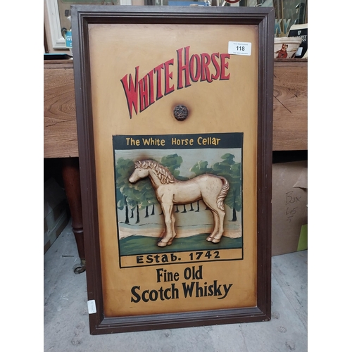 118 - White Horse Scotch Whiskey wooden advertising sign. {90 cm H x 55 cm W}.