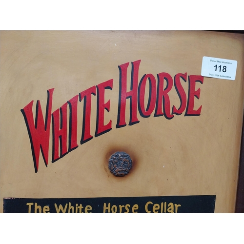 118 - White Horse Scotch Whiskey wooden advertising sign. {90 cm H x 55 cm W}.