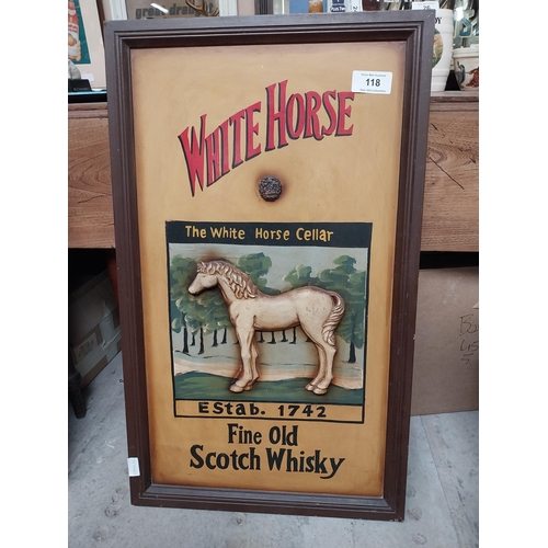 118 - White Horse Scotch Whiskey wooden advertising sign. {90 cm H x 55 cm W}.