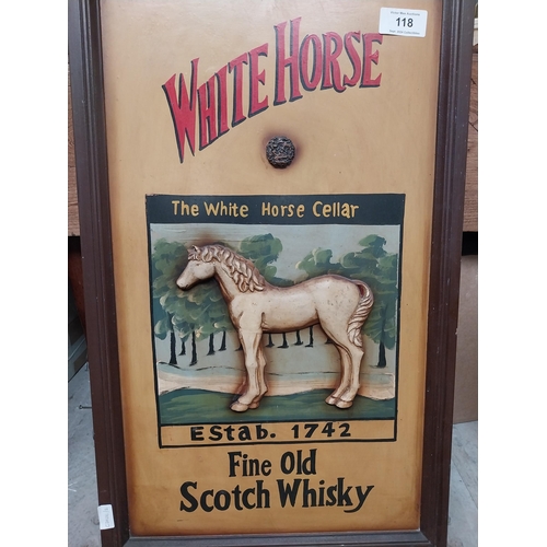 118 - White Horse Scotch Whiskey wooden advertising sign. {90 cm H x 55 cm W}.