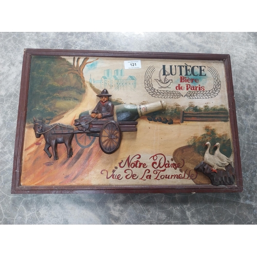 121 - Lutece Biere De Paris wooden advertising board. {32 cm H x 80 cm W}