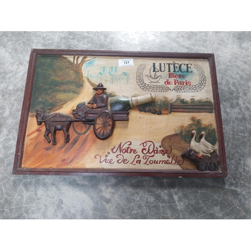 121 - Lutece Biere De Paris wooden advertising board. {32 cm H x 80 cm W}