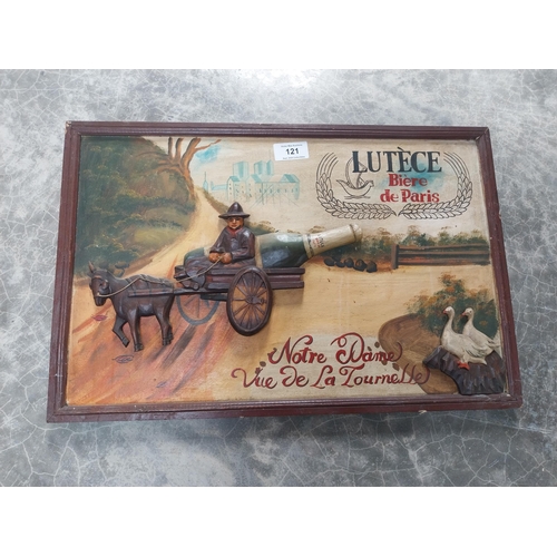 121 - Lutece Biere De Paris wooden advertising board. {32 cm H x 80 cm W}