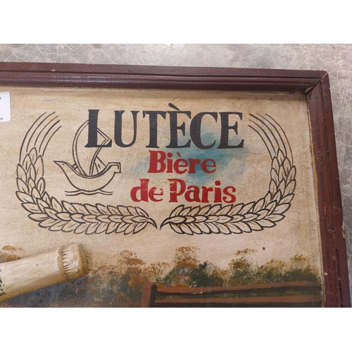 121 - Lutece Biere De Paris wooden advertising board. {32 cm H x 80 cm W}