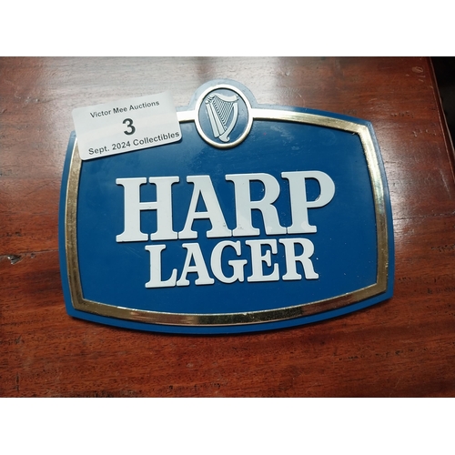 3 - Harp Lager Perspex counter display sign {16cm H X 20cm W} and Have A Harp advertising strip.