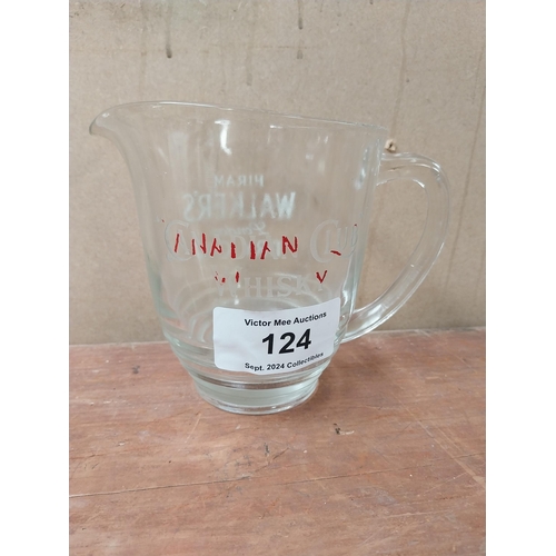 124 - Hiram Walker's  London Dry Gin/Canadian Whiskey glass advertising jug. {15 cm H x 20 cm W x 12 cm D}... 