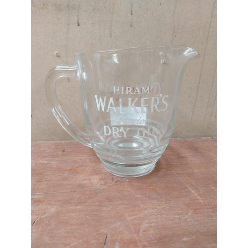 124 - Hiram Walker's  London Dry Gin/Canadian Whiskey glass advertising jug. {15 cm H x 20 cm W x 12 cm D}... 