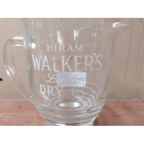 124 - Hiram Walker's  London Dry Gin/Canadian Whiskey glass advertising jug. {15 cm H x 20 cm W x 12 cm D}... 