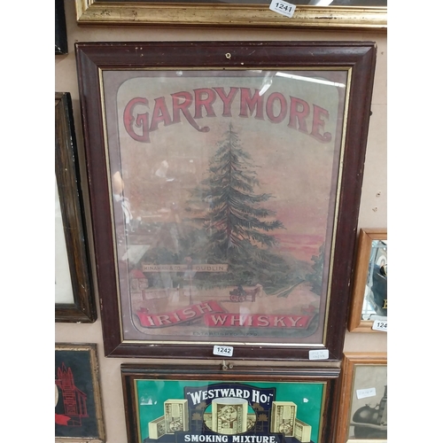 1242 - Garrymore Irish Whiskey framed advertising print {58 cm H x 48 cm W}.