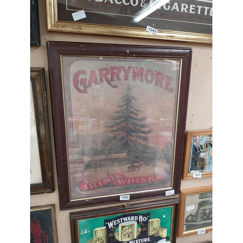 1242 - Garrymore Irish Whiskey framed advertising print {58 cm H x 48 cm W}.