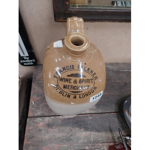 1248 - 19th C. Stoneware flagon Francis Faulkner Wine and Spirit Merchant Dublin and London with damage. {3... 