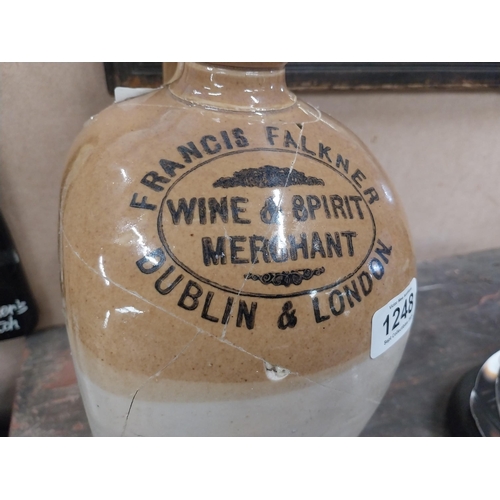 1248 - 19th C. Stoneware flagon Francis Faulkner Wine and Spirit Merchant Dublin and London with damage. {3... 