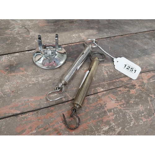 1251 - Chrome Bass menu holder. {5 cm H x 6 cm Dia} and Two chrome weighing scales.