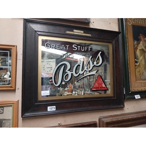 1273 - Bass Great Stuff mirror in original stamped frame. {46 cm H x 56 cm W}.