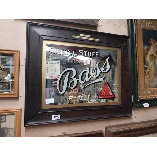 1273 - Bass Great Stuff mirror in original stamped frame. {46 cm H x 56 cm W}.