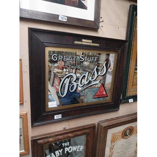 1273 - Bass Great Stuff mirror in original stamped frame. {46 cm H x 56 cm W}.