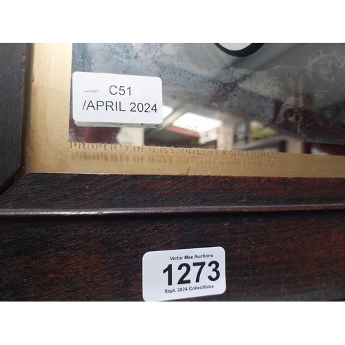 1273 - Bass Great Stuff mirror in original stamped frame. {46 cm H x 56 cm W}.