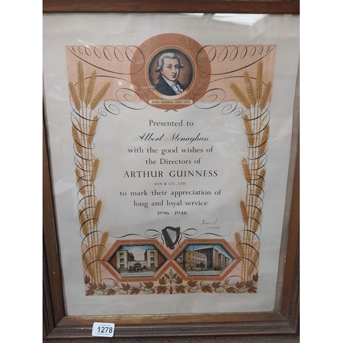 1278 - Framed Long Service Certificate presented to Albert Monaghan with the good wishes of the Directors o... 